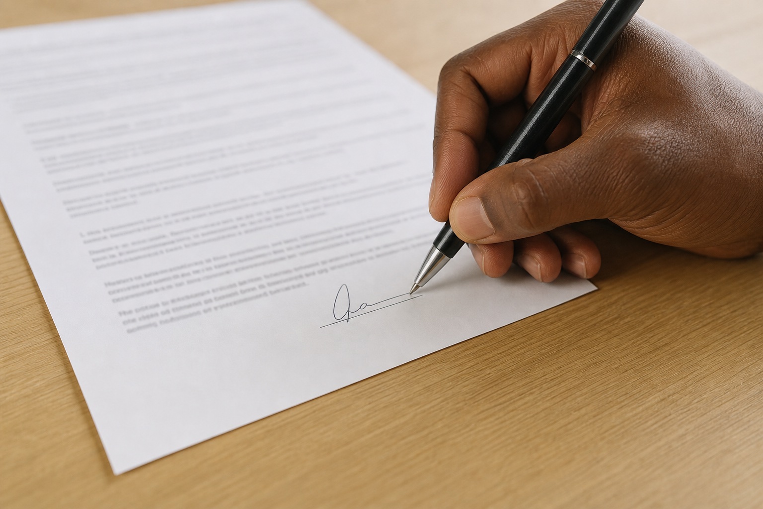 A hand signing the bottom line of a printed form